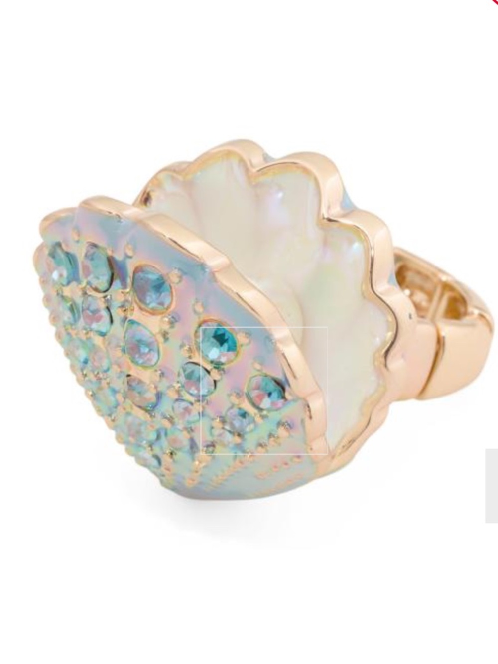 Betsey Johnson Sea Life Crystal Clam Shell Stretch Ring New - Picture 2 of 5